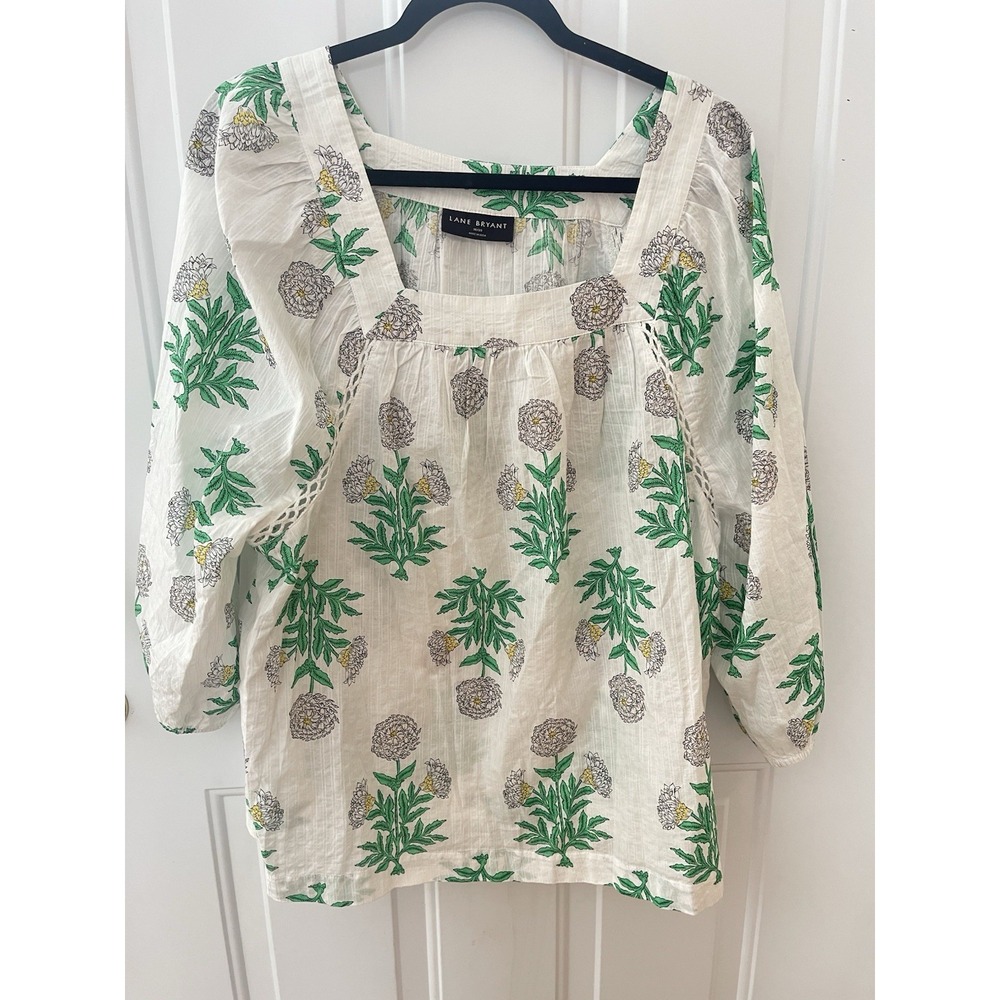 Lane Bryant Floral Blouse Cream Green‎ Square Neck Long Sleeve Boho Top